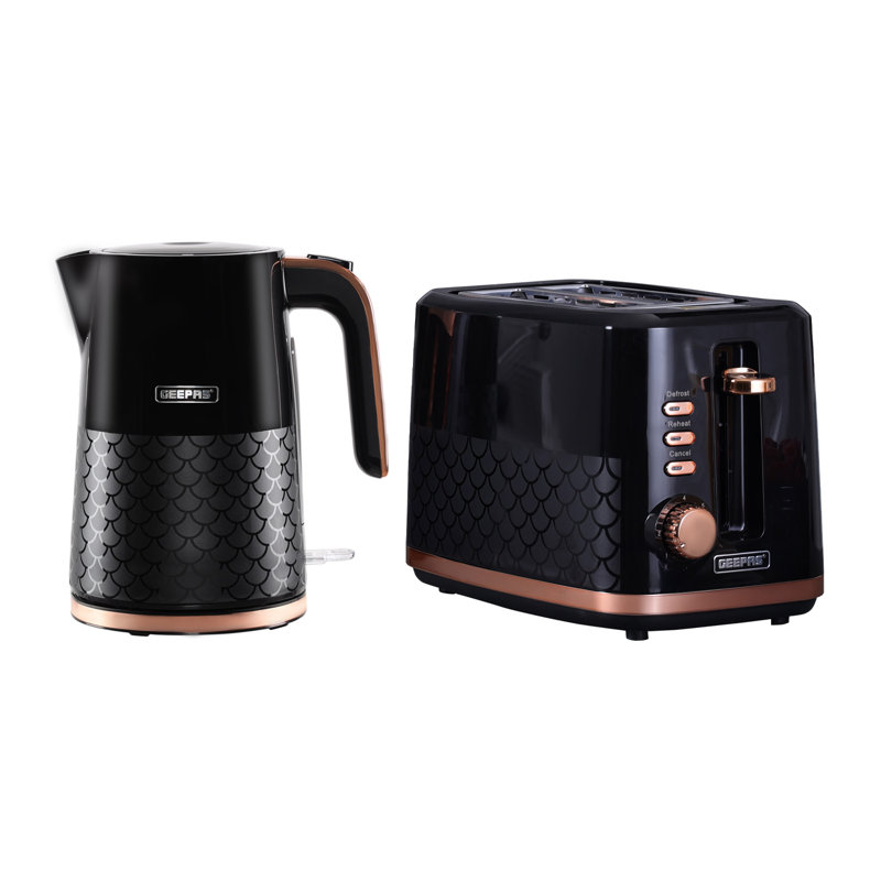 GEEPAS Aurora 1.7L Electric Kettle & 2 Slice Bread Toaster | 3000W Rapid Boil Cordless Jug Kettle | Cord Storage, Otter Controller| 7 Browning Levels, Removable Crumb Tray | Black