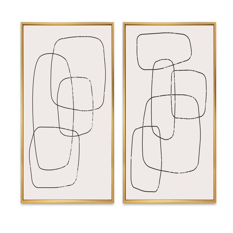 «Abstract Geometric Minimalistic Line I», ensemble de 2 peintures, H 40 po x l 40 po x P 1,5 po, Cadre doré