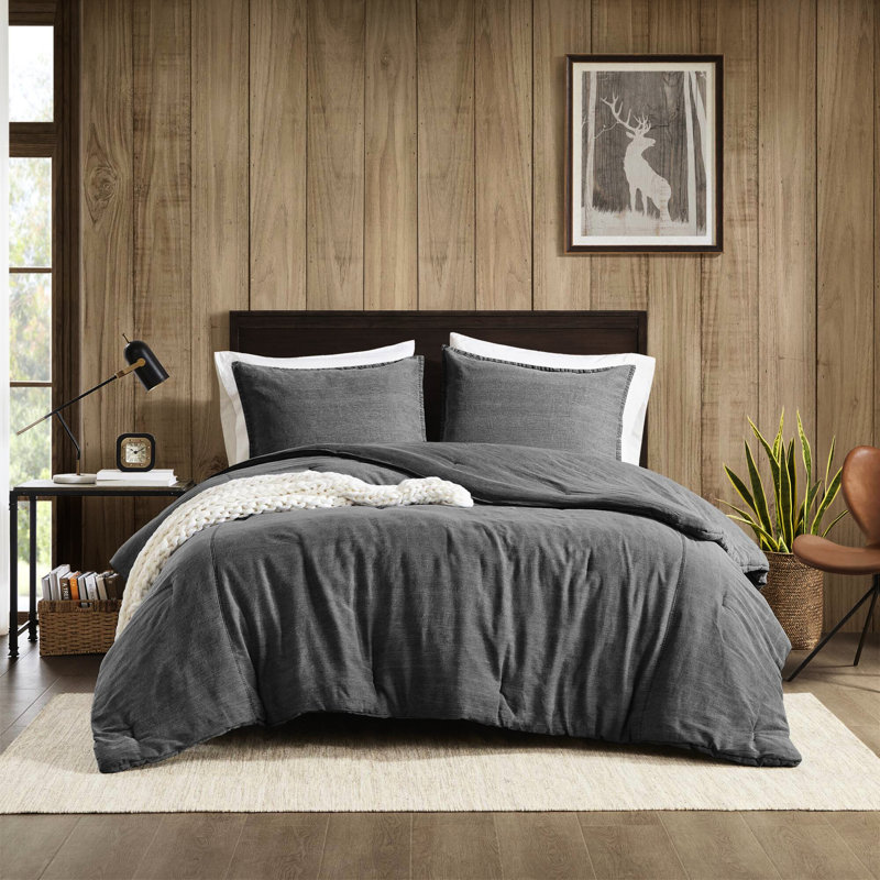 Édredon pour lit simple / simple TG 2 pièces en gris, 100% coton sergé délavé, douceur, tout, design polyvalent pour tout décor, standard 100, coton surdimensionné, sensation douillette, élégance intemporelle,