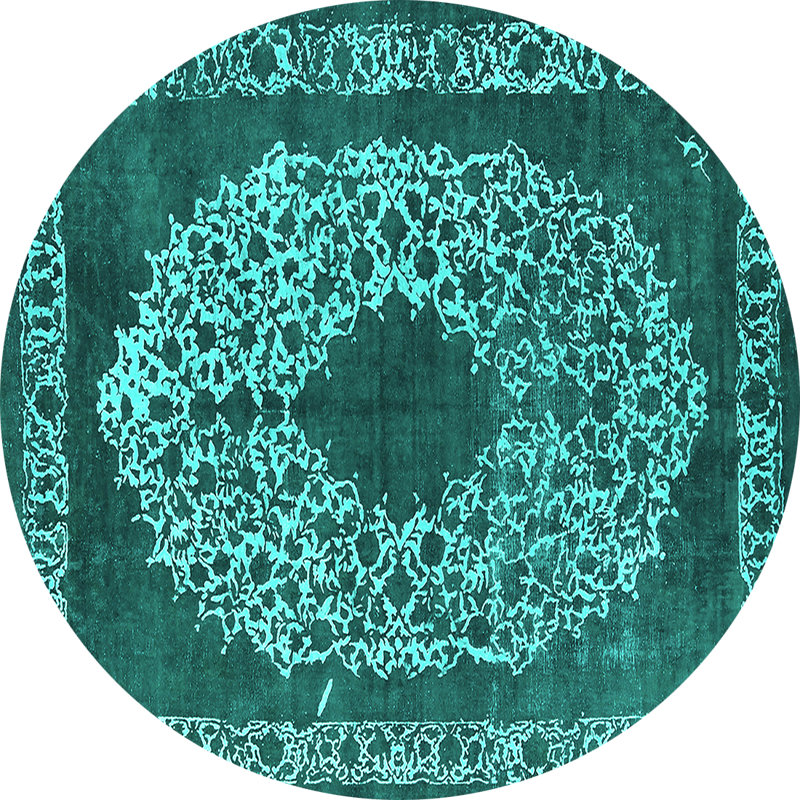 Tapis oriental en laine / polyester tissé à la machine en turquoise / gris, Rond 3 pi