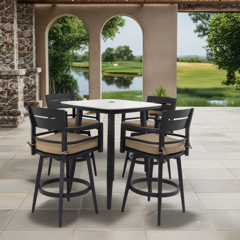 Ensemble de bar d'extérieur moderne 5 pièces, noir Ember avec table inspirée du marbre et 4 chaises pivotantes, coussin Sunbrella