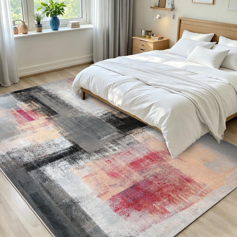 Tapis d'intérieur beige, lavable à la machine, peinture d'art abstrait gris et rouge, Rectangle 71 po x 98 po