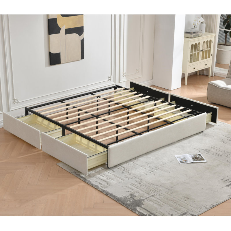 Lit plateforme avec rangement à 4 tiroirs Schernik, Crème, Très grand lit