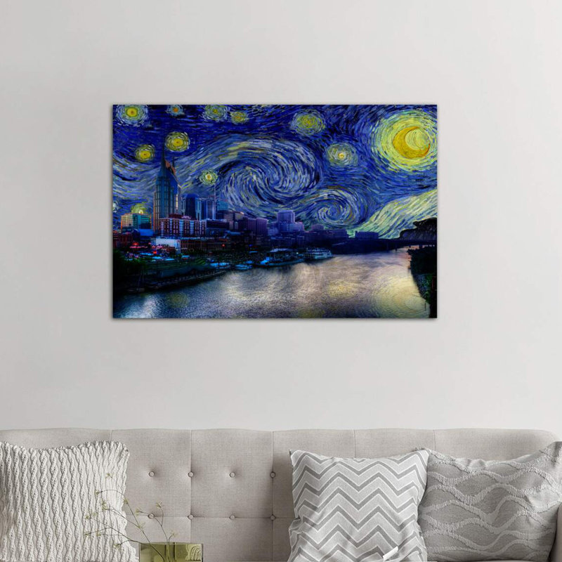Nashville, Tennessee, nuit étoilée, impression d'art graphique, H 18 po x l 26 po x P 1,5 po, Toile tendue