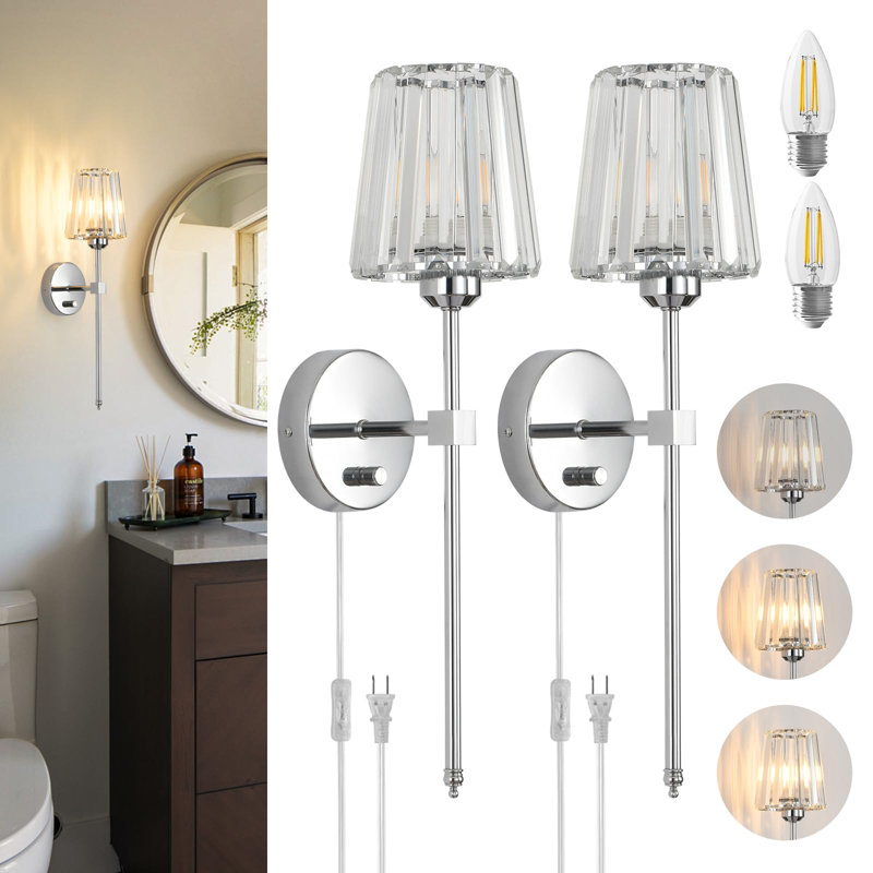 Set of 2 Crystal Wall Sconces, Dimmable Plug-in Wall Lights with Crystal Shade, Chrome