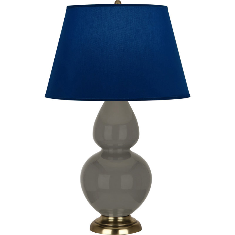 Lampe de table double gourde en céramique, Bleu marine/gris, Bois de frêne verni / laiton, Laiton
