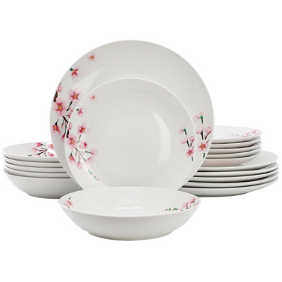  Service de table en porcelaine 18 pièces Tamara Cherry Blossom, service pour 6 en blanc et rose