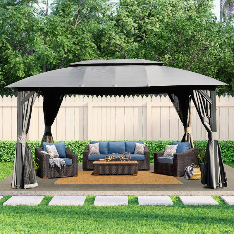 Pavillon de jardin 10 pi x 14 pi - gris Double toit ventilé, rideaux d'intimité. Structure en métal. Filet amovible. Pour le patio extérieur, la cour arrière, la terrasse, la pelouse 10 X 14 pi, les toits pour la ventilation. . . Spacieux de 6 à 8 po. Utilisation