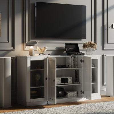 Meuble télé 100% bois massif, console de téléviseur de 65 po de largeur avec panneau surélevé, portes en verre et rangement