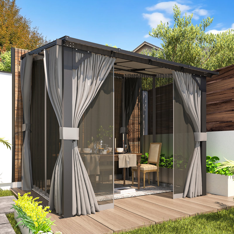 Lean-To Wall-Mounted Pergolas With Curtains And Netting, 243.8 cm H × 243.8 cm W × 243.8 cm D