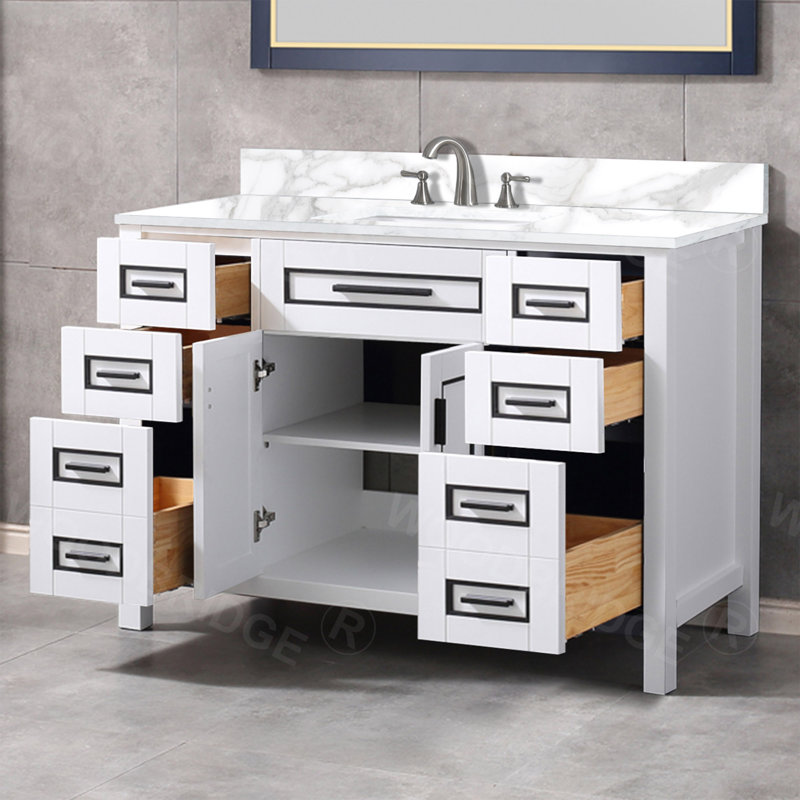 Ensemble de meuble-lavabo 49 po avec armoire en bois massif et comptoir en pierre reconstituée, Blanc