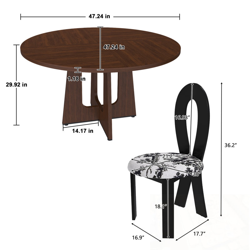 Table de salle à manger ronde avec 2 chaises rembourrées en bois et lin