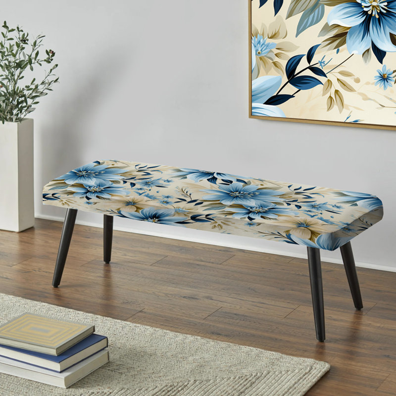 Banc rembourré floral noir, Harmonie de fleurs bleues et blanches