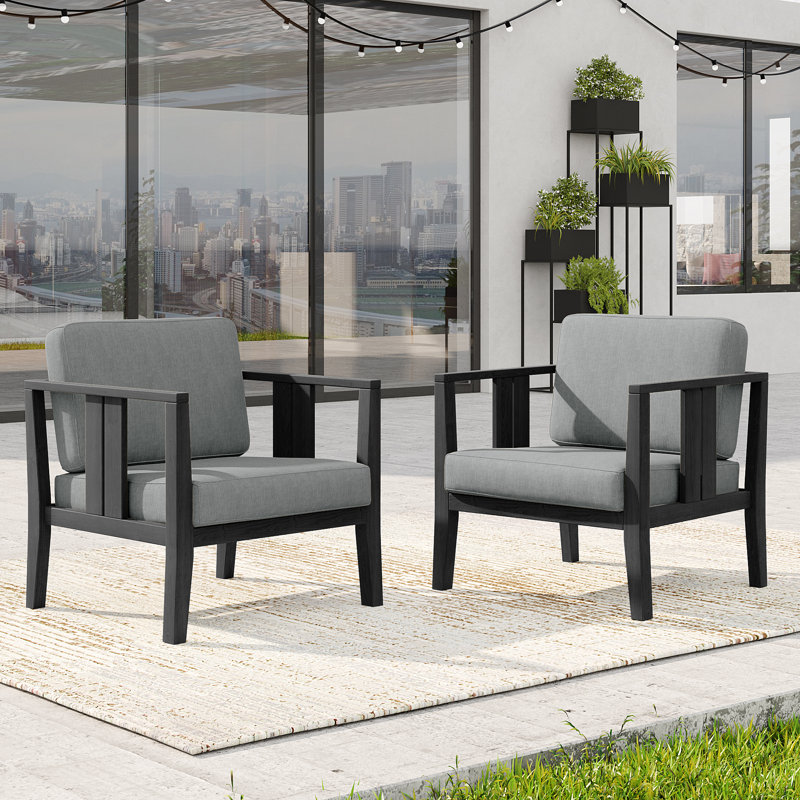 Junco Solid Wood Teak Outdoor Lounge Chair With Cushion And Arm, Gray, Black