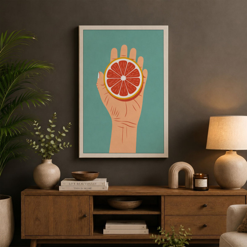 Hand Holding Grapefruit Minimalist - Wrapped Canvas, 18x12 - 45.7 x 30.5 cm, Sage Border