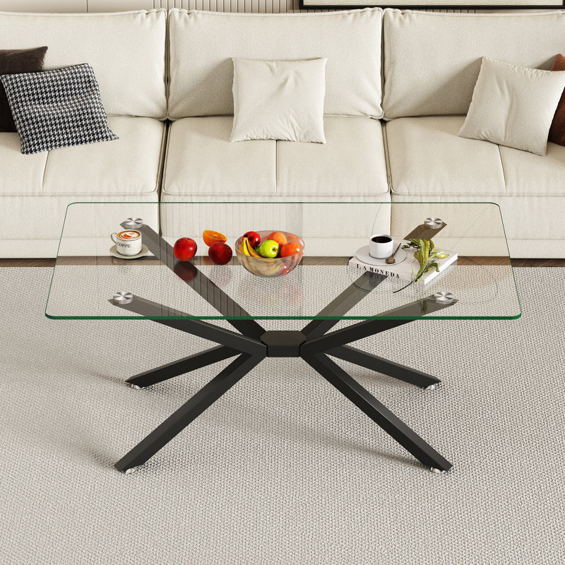 Table basse de 39,37 po en verre transparent rectangulaire, design élégant avec pieds en métal, table basse de salon, Blanc