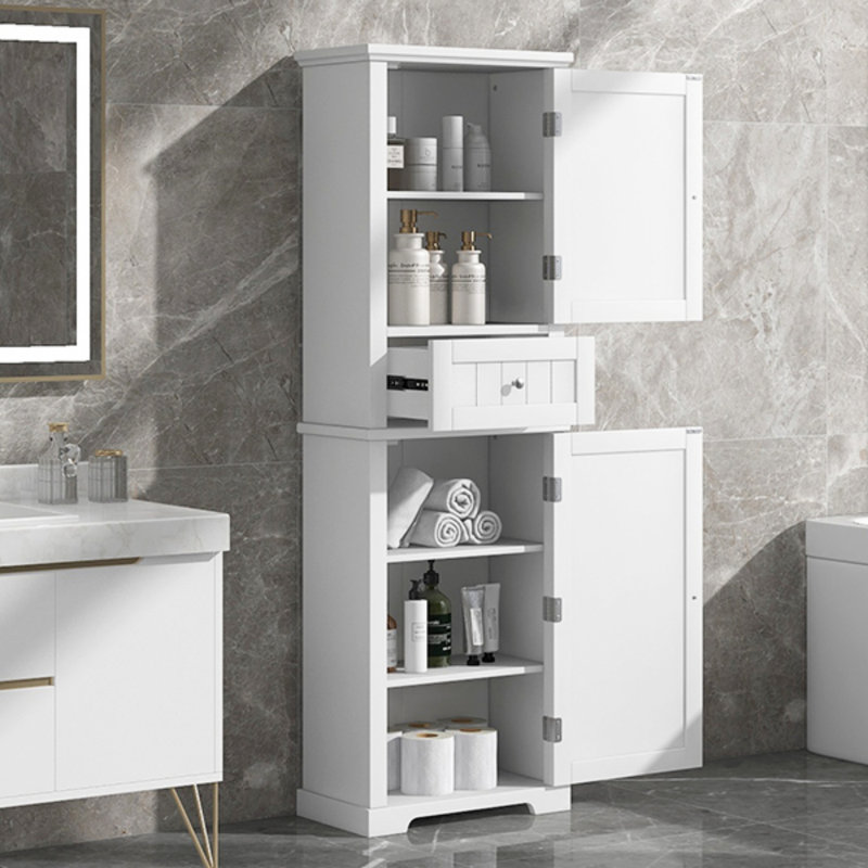 Grande armoire de rangement pour salle de bain, autoportante avec tiroir et tablette réglable, panneau de fibres à densité moyenne avec finition peinte