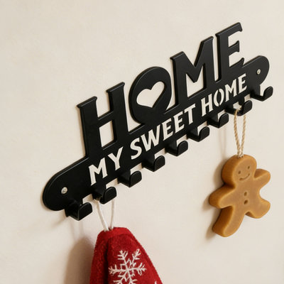 HOME My Sweet Home Metal Wall Hook Rack – Decorative Key and Coat Organizer for Entryway, Living Room, or Bedroom