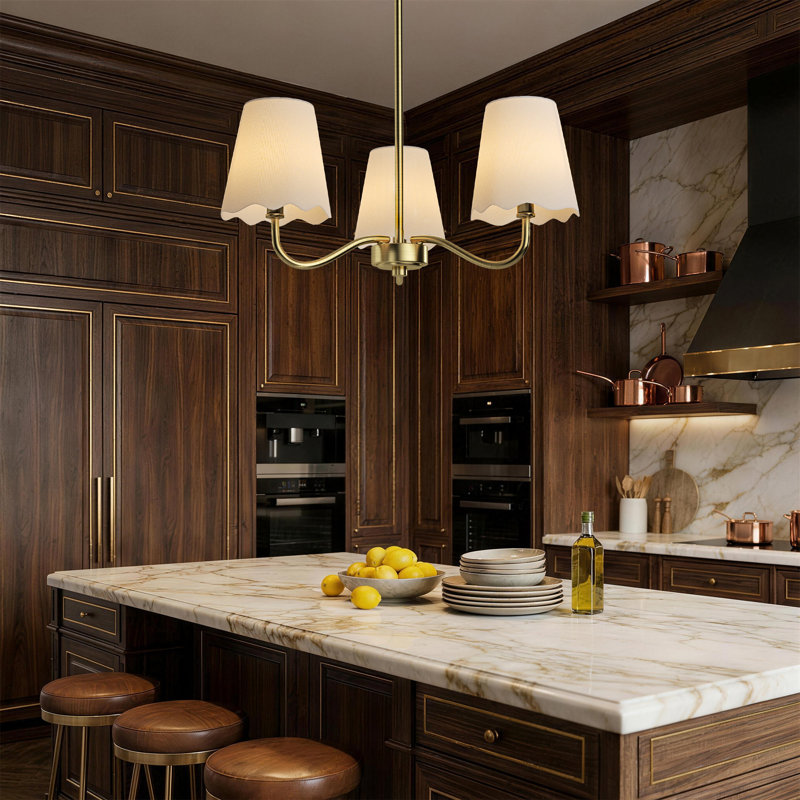 3-light 21"W Polished Brass Modern Spider Chandelier with Linen Shades for Dining Room or Kitchen Island, Polished Brass