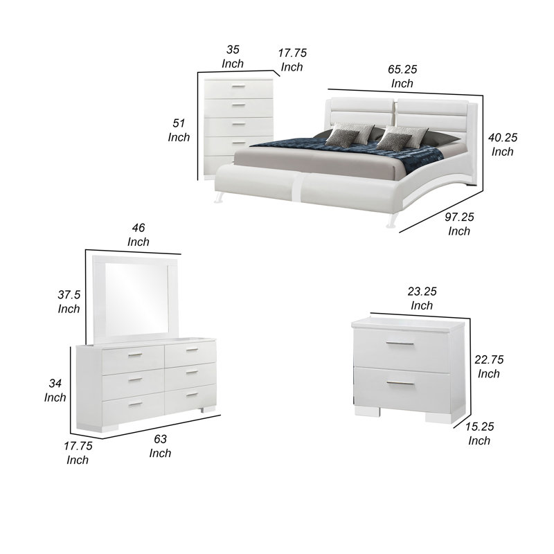 Ensemble de chambre avec grand lit 5 pièces Zor, similicuir blanc et détails chromés Zor, Grand lit