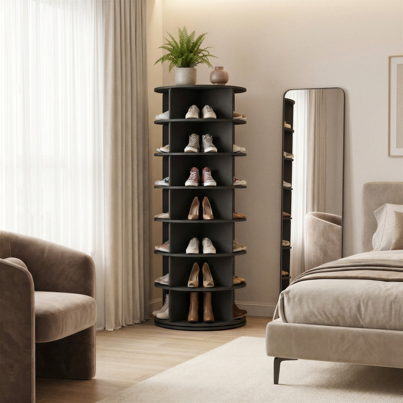 7-Tier 28 Pairs Spinning Shoe Rack Tower, Rotating Shoe Organizer, Black