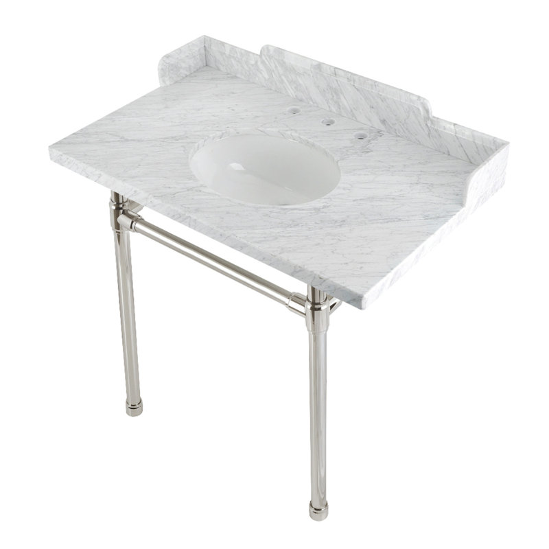 Kingston Brass Dreyden 36-Inch Carrara Marble Console Sink with Stainless Steel Legs (8-Inch, 3-Hole)