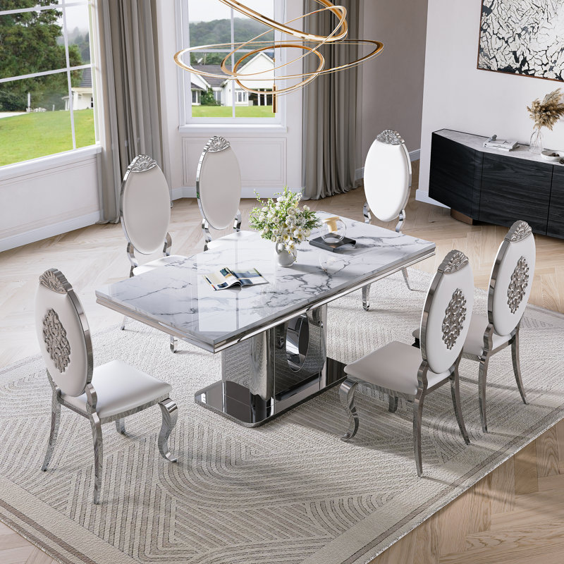 Faux Marble Top Pedestal Dining Set, White/Silver, White/Silver, 7 Pieces: Table, 6 Chairs