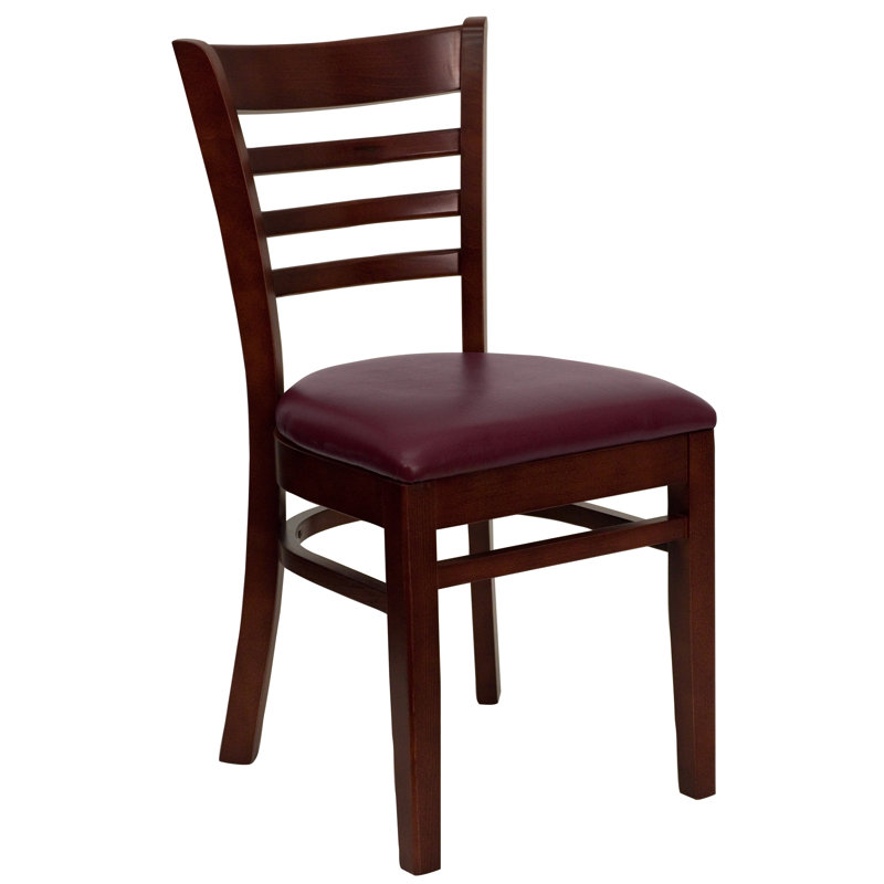 Lyman Ladder Back Wooden Restaurant Chair, Burgundy Vinyl, Mahogany