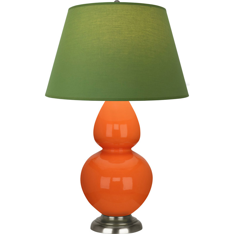 Lampe de table double gourde en céramique, Thé vert / taupe, Citrouille vernie / argent antique, Argent argent