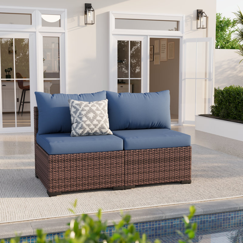 Chaises de patio d'extérieur sans accoudoirs en osier avec coussins 2 places, Navy