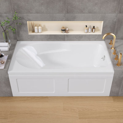 Baignoire de trempage en alcôve en acrylique 60 po x 32 po avec tablier, plancher antidérapant, bonde incluse, bonde droite, fibre de verre renforcée