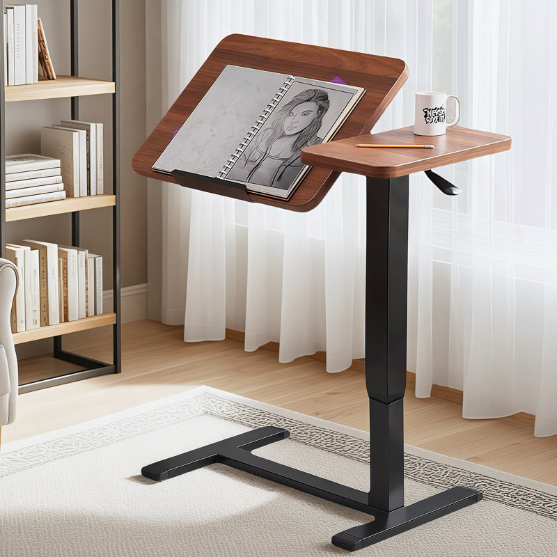 Bureau de chevet au-dessus du lit, support mobile pour ordinateur portable, table de lit inclinable avec roulettes, table de chevet à plateau réglable en hauteur pour canapé de lit pour ordinateur portable, Noyer