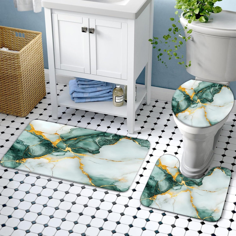 Ensemble de 4 tapis de salle de bain Green Gold, Vert / marbre doré 5