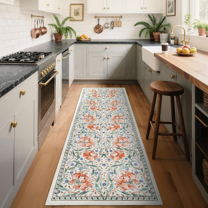 Washable Vintage Floral Hallway Runner Rug, Non-Slip, Stain-Resistant, 2x6 for Kitchen, Laundry & Bathroom - Black