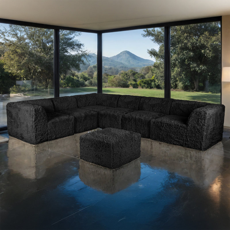 Salon modulaire en L, Black faux fur,Foam