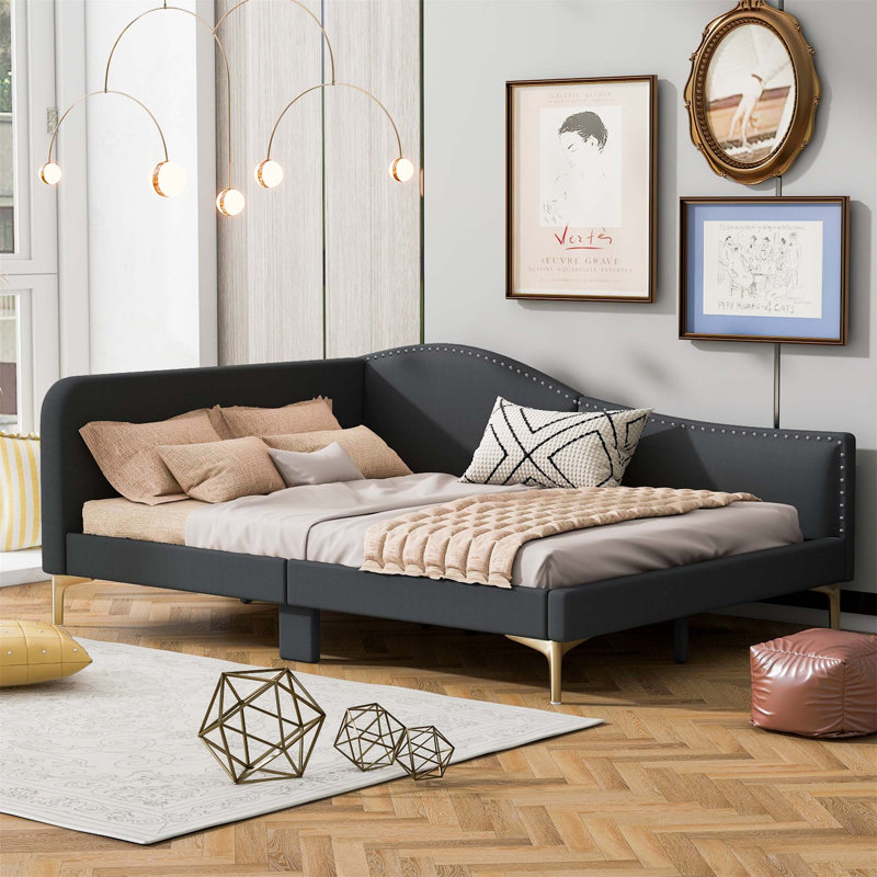 Lit de jour rembourré avec tête de lit, accoudoirs et pieds de soutien, conception moderne pour les petits espaces, Gris