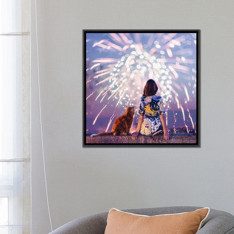 Nuit. Magie. Feux d’artifice de Hobopeeba-impression, H 26 po x l 26 po x P 1,5 po, Toile avec cadre noir patiné