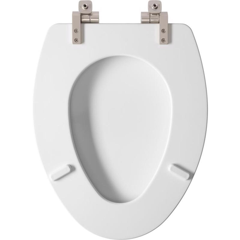 Mayfair by Bemis Benton Slow Close Elongated White Enameled Wood Toilet Seat, Brushed Nickel