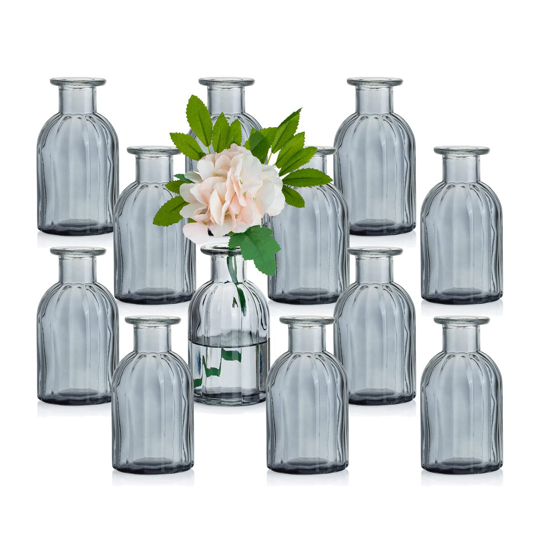 Small Glass Bud Vase, Set Of 12 Narrow Neck Apothecary Bottle 14Cm Mini Ribbed Short Vintage Round Vases For Pampas Grass Flowers Wedding Centrepieces