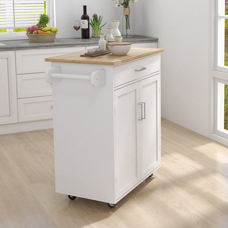 Îlot de cuisine avec chariot à roulettes et plateau en bois d'hévéa