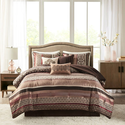 King Size Red 7 Piece Comforter - Geometric Print And Luxury Look 7 Design Soft Texture