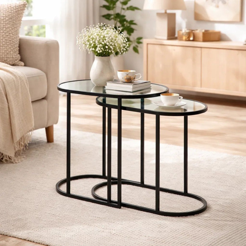 Ensemble de 2 tables gigognes Valo, plateau ovale en verre, noir mat rétro, Noir mat