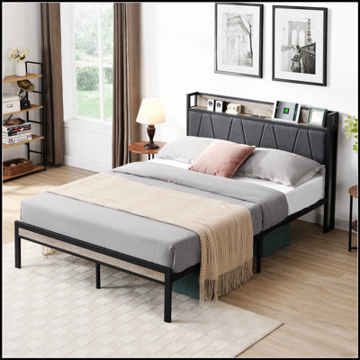 Durable Metal Platform Bed Frame with Upholstered Storage Headboard and USB Charging, Perfect for Modern Bedrooms