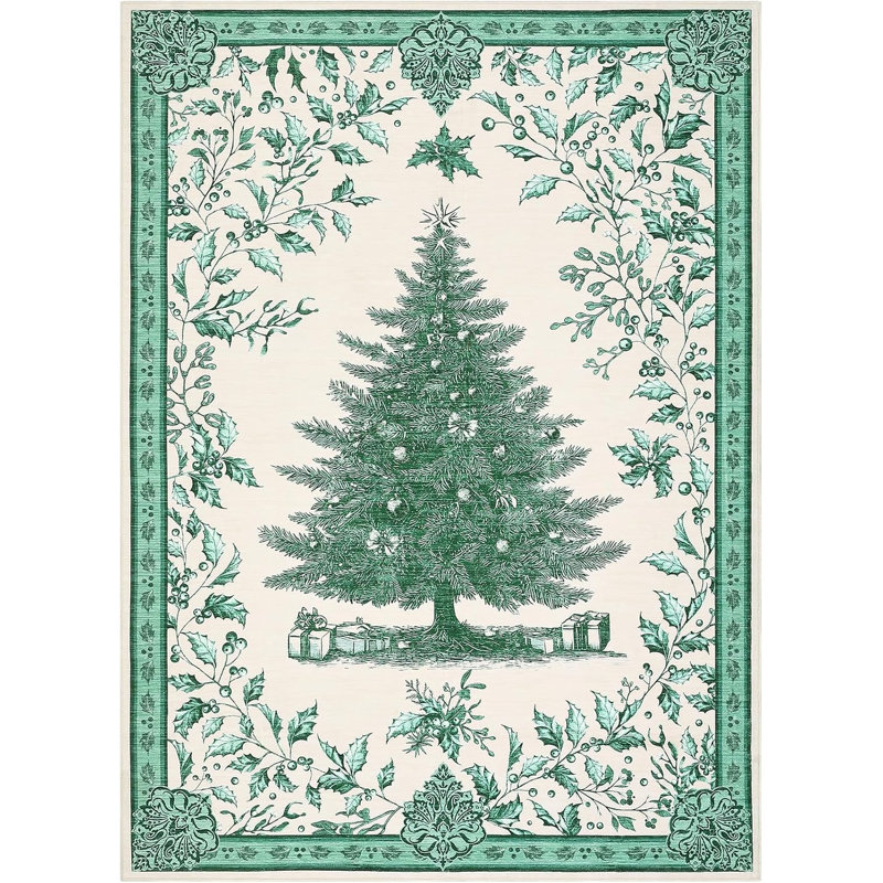 Christmas Tree Print Non-Slip Indoor Rug – Washable Soft Holiday Doormat for Entryway, Kitchen, Bathroom, Bedside -Thin Red Carpet
