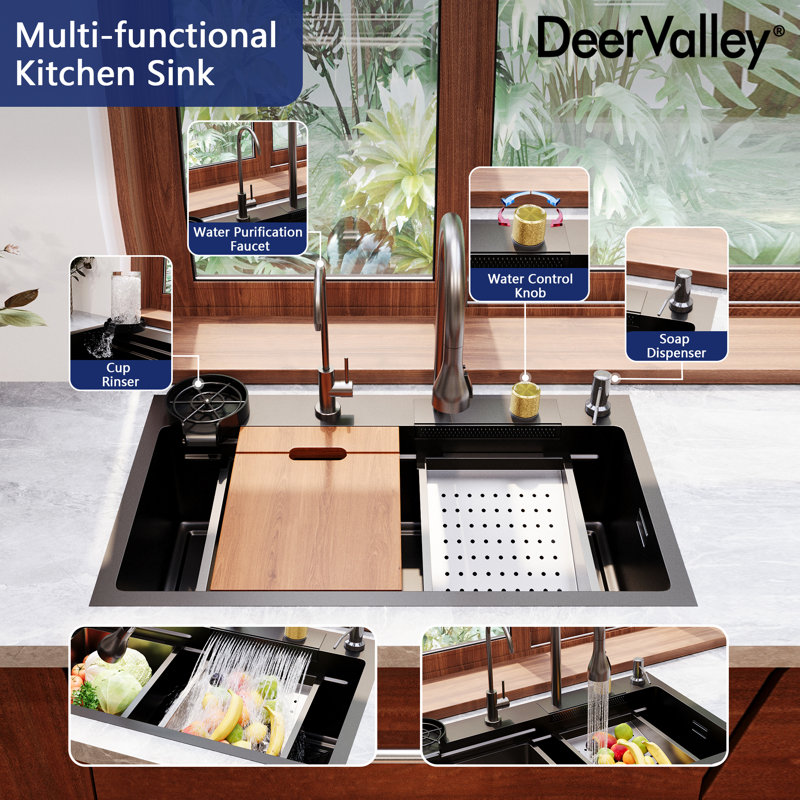 30" Black Stainless Steel Drop-In Single Bowl Kitchen Sink Workstation
