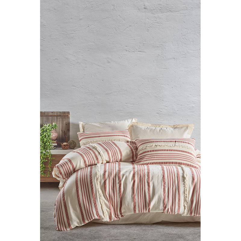 Throwback Cotton Striped Duvet Cover Set with Pillowcases Included, Tile Red