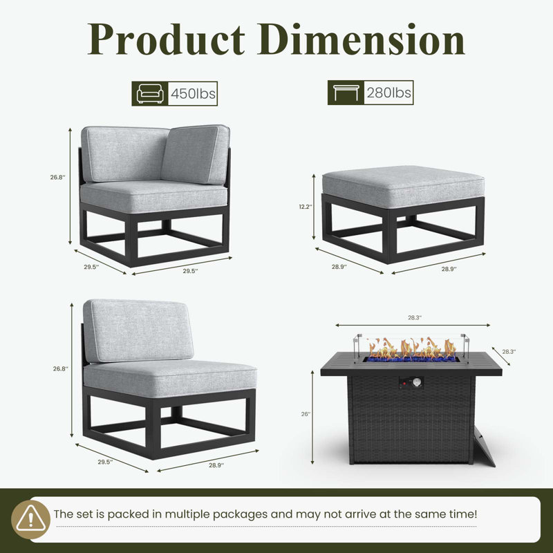  Ensemble de meubles de patio en aluminium 11 pièces avec table de feu, ensemble de conversation modulaire d'extérieur en forme de L pour la cour