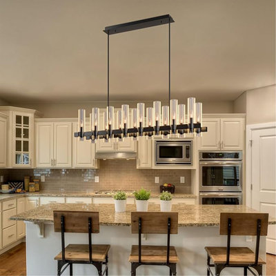 63 Inch Black Chandelier Linear with Clear Glass Shade, 16-Lights Modern Farmhouse Ceiling Pendant Hanging Light Fixture Over Table, for Dining Room, Kitchen Island--NO INCLUDED BULBS