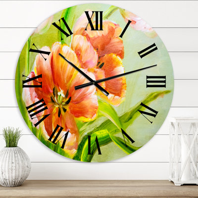 Vintage Red Tulips Flowers II - Traditional wall clock