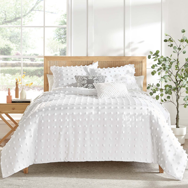 Ensemble d'édredon très grand à pompon blanc, Édredon très grand + 2 taies décoratives